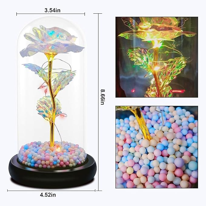 Artificial Colorful Flower Rose Gift Led Light On Galaxy Rose in Glass Dome Best Gifts