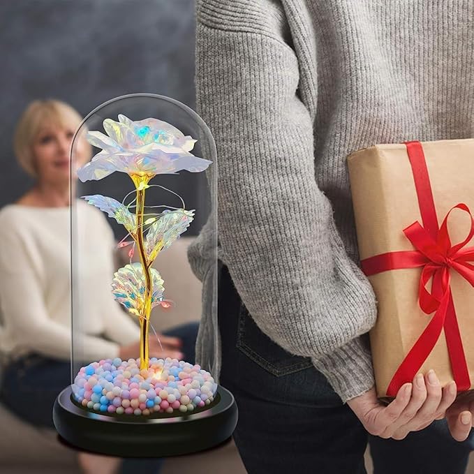 Artificial Colorful Flower Rose Gift Led Light On Galaxy Rose in Glass Dome Best Gifts