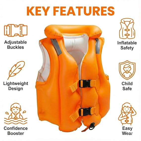 Kids Inflatable Swimming Vest (3-6 Years) – Triple Air Safety, Comfy Fit & Secure Buckles (assorted colors)