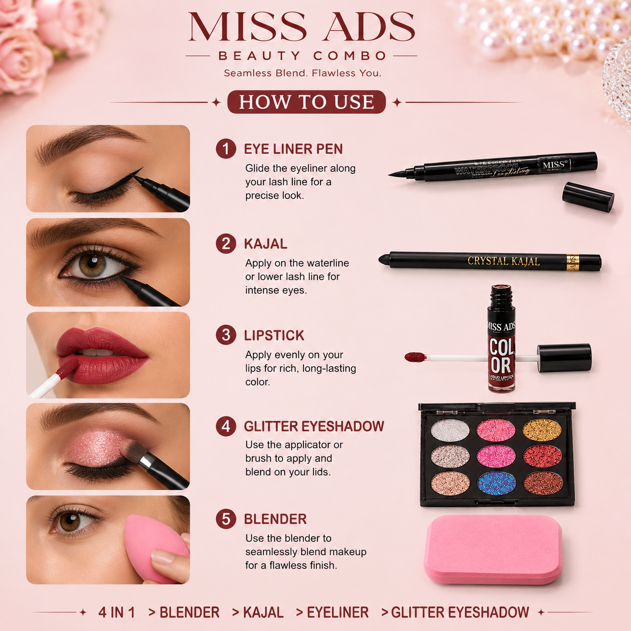 MISS ADS COMBO (KAJAL05, GLITTER EYESHADOW, BLENDER, EYELINER)