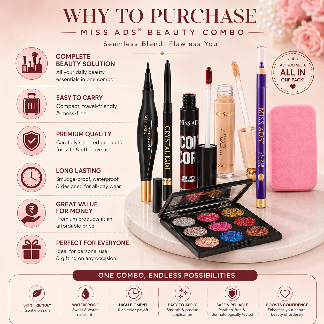 MISS ADS COMBO (KAJAL05, GLITTER EYESHADOW, BLENDER, EYELINER)